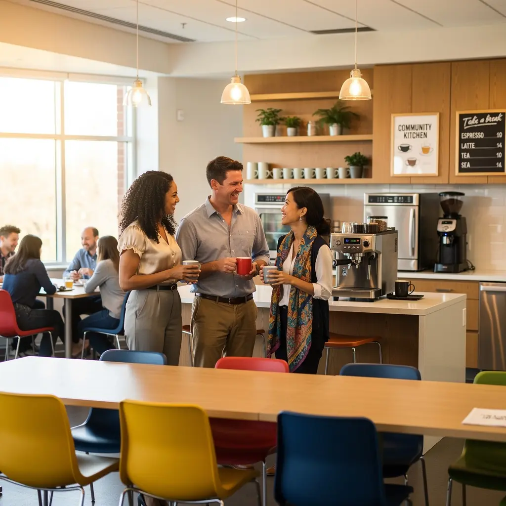 Элегантное оформление зоны ожидания с зелеными растениями и ярким освещением.