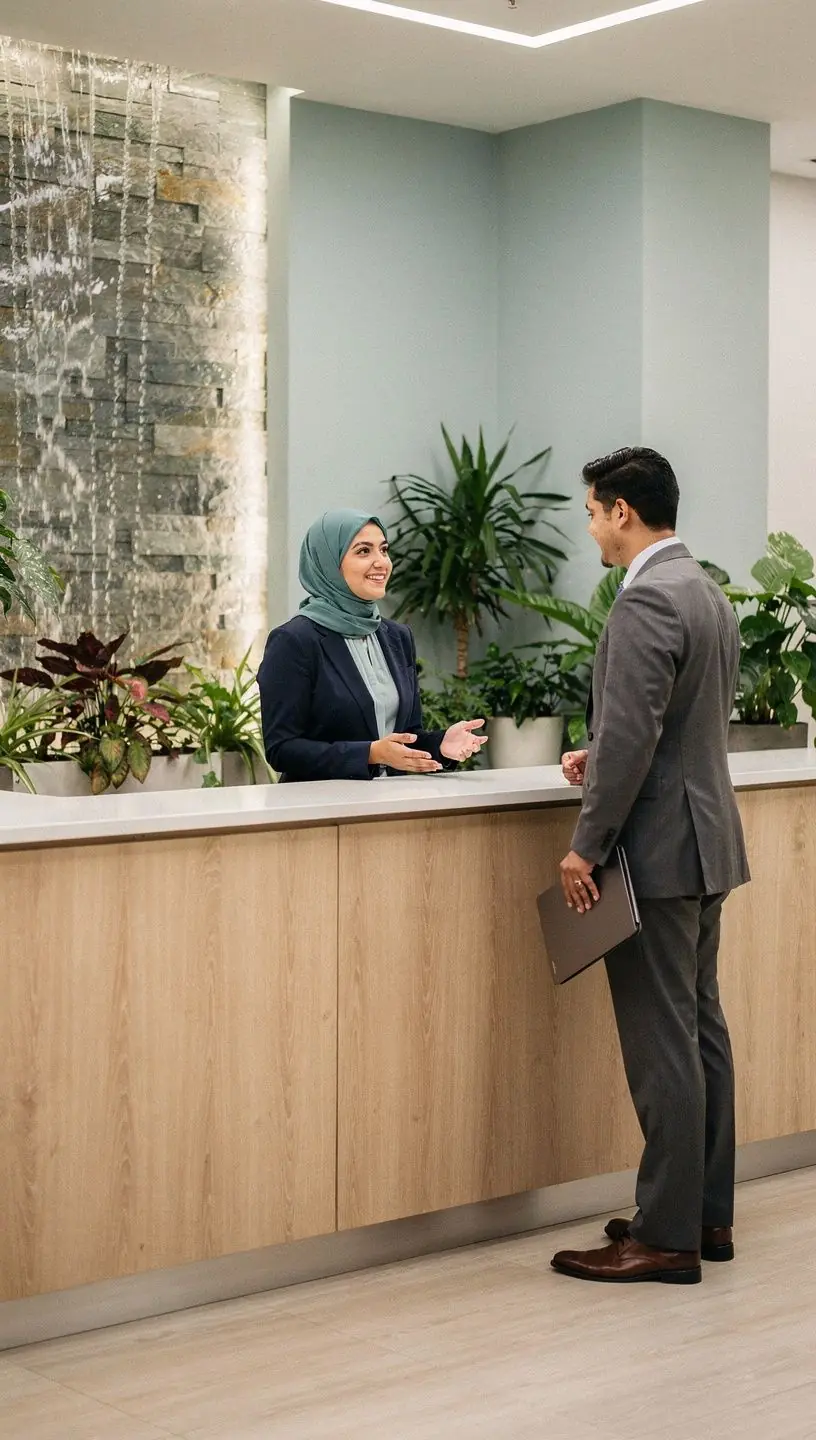 Просторный офис с открытой планировкой и яркими акцентами в интерьере.