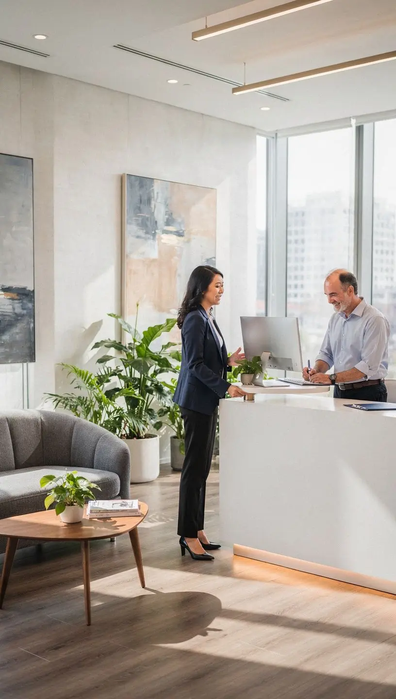 Гостеприимный уголок для ожидания с уютными диванами и декоративными элементами.