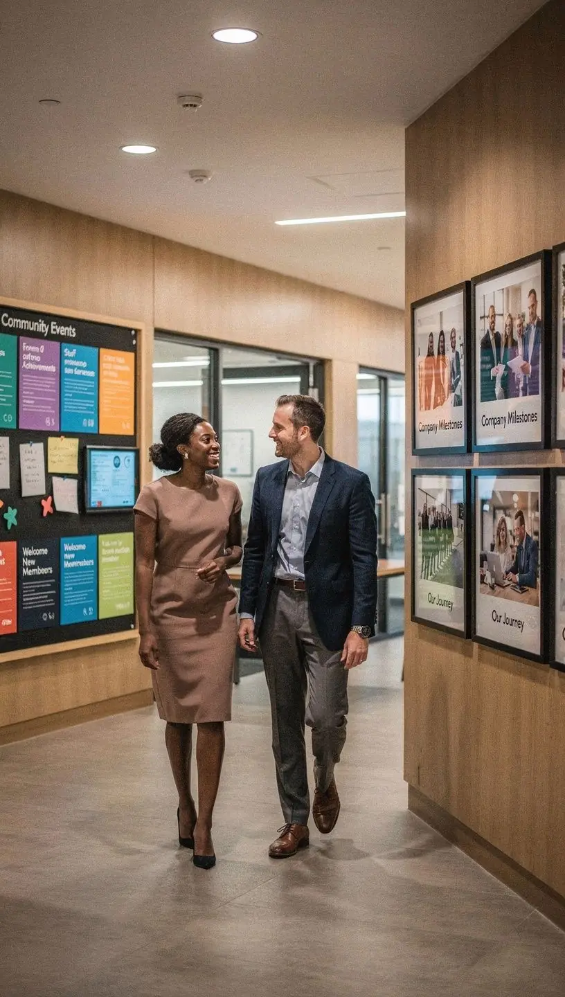 Современный офисный холл с удобными диванами и стильным рецепшеном.